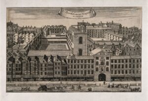 St Bartholomew's Hospital: bird's-eye view of the Henry VIII Gate and courtyard. Engraving by B. Cole, 1720